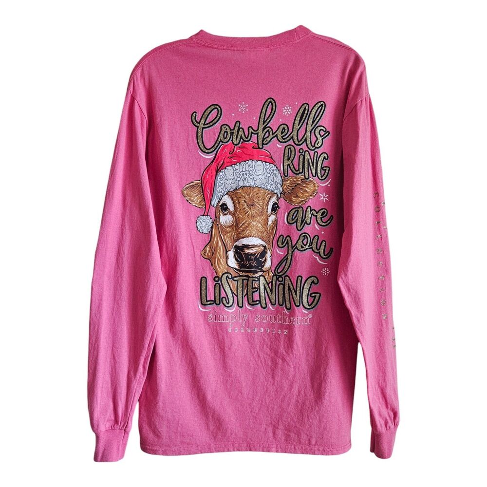 SIMPLY SOUTHERN Women M T-Shirt Top Pink Christmas Cowbells Ring Logo Cotton 38"